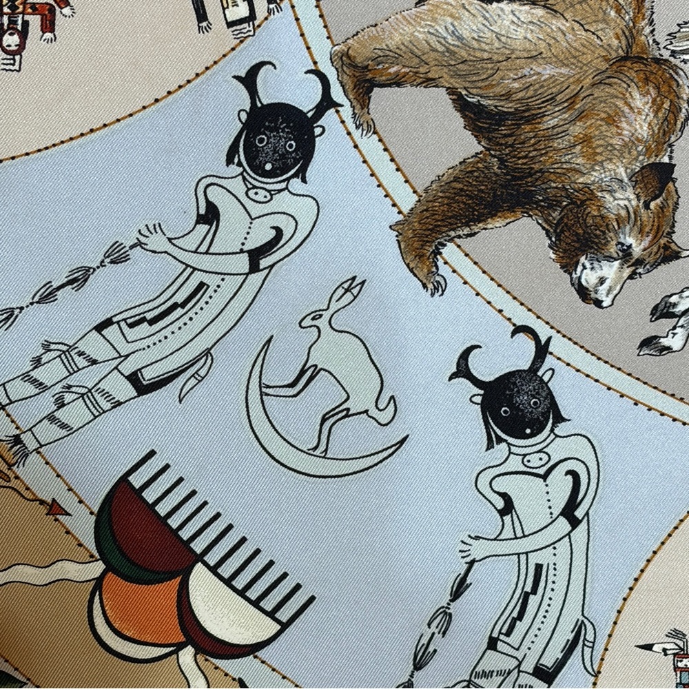 HERMÈS Les Mythologies des Hommes Rouges Scarf 90 Silk Carre with Box - Picture 9 of 12